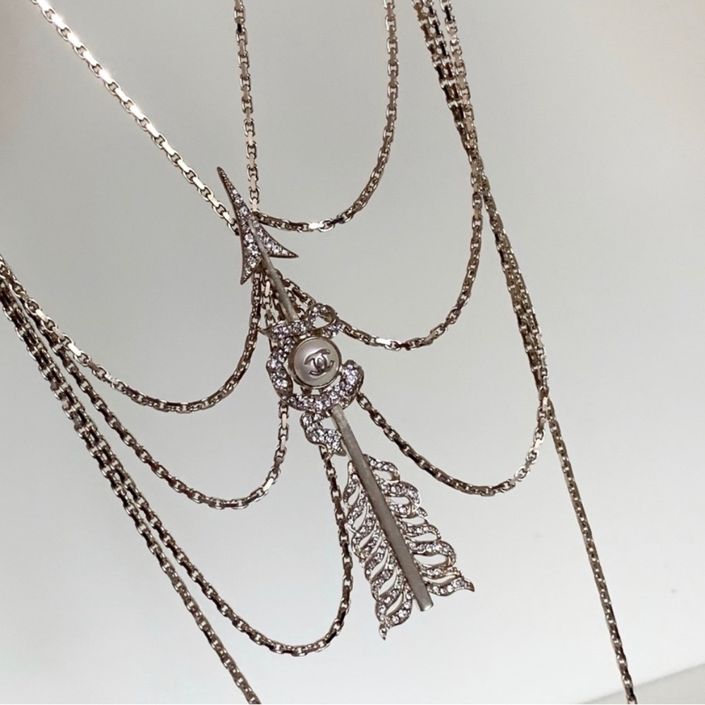 CHANEL Crystal Pearl Multi Strand Chain CC Arrow Necklace Gold - Picture 11 of 16
